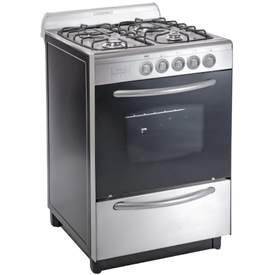 Cocina a gas Domec de acero inoxidable con horno y cuatro hornallas
